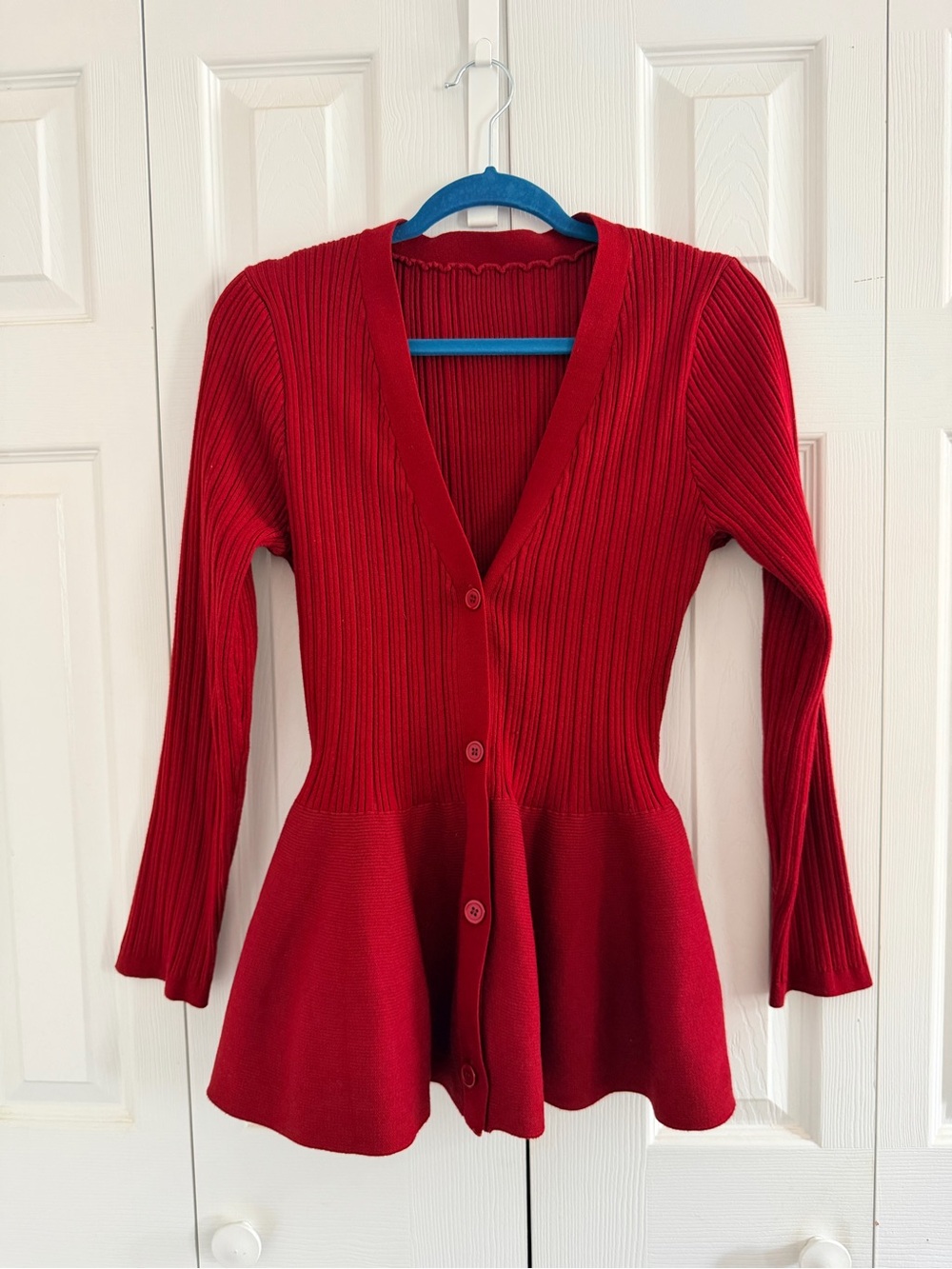 Red Ribbed Peplum Button-Front Cardigan Sweater